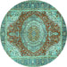 Round Machine Washable Medallion Turquoise Traditional Area Rugs, wshtr1309turq