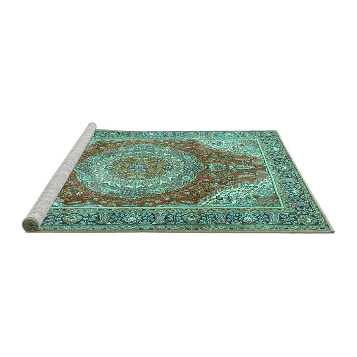 Sideview of Machine Washable Medallion Turquoise Traditional Area Rugs, wshtr1309turq