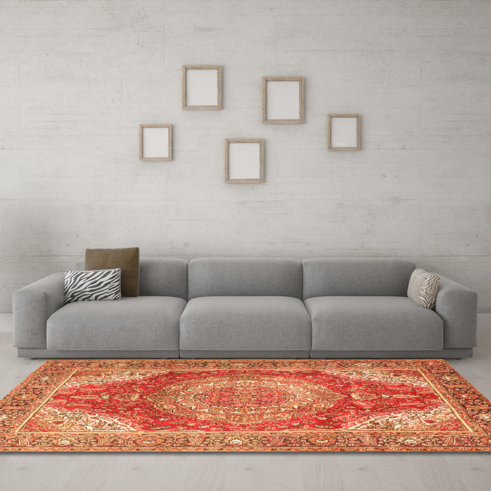 Machine Washable Medallion Orange Traditional Area Rugs in a Living Room, wshtr1309org