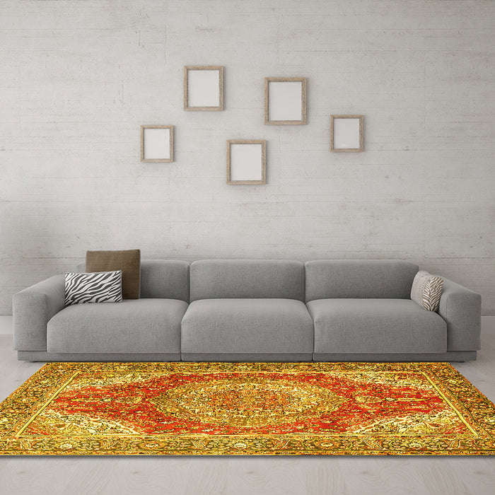 Machine Washable Medallion Yellow Traditional Rug in a Living Room, wshtr1309yw
