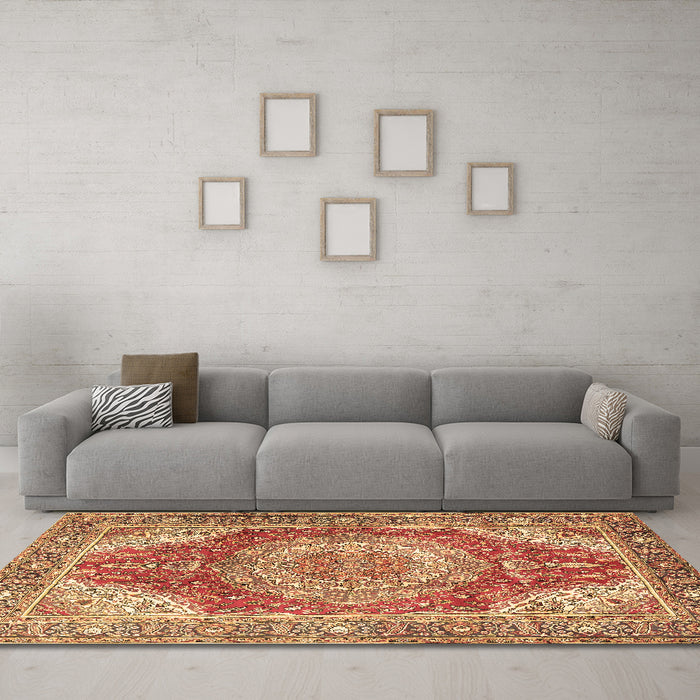 Machine Washable Medallion Brown Traditional Rug in a Living Room,, wshtr1309brn