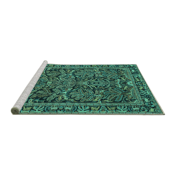 Sideview of Machine Washable Persian Turquoise Traditional Area Rugs, wshtr130turq