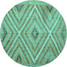 Round Machine Washable Southwestern Turquoise Country Area Rugs, wshtr1310turq