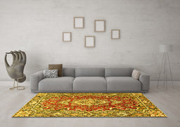 Machine Washable Medallion Yellow Traditional Rug in a Living Room, wshtr1311yw