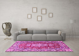 Machine Washable Medallion Pink Traditional Rug in a Living Room, wshtr1311pnk