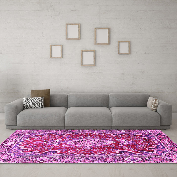 Machine Washable Medallion Pink Traditional Rug in a Living Room, wshtr1311pnk