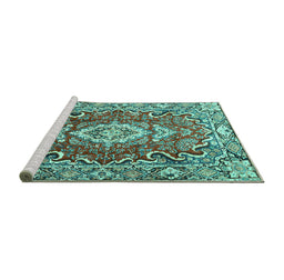 Sideview of Machine Washable Medallion Turquoise Traditional Area Rugs, wshtr1311turq