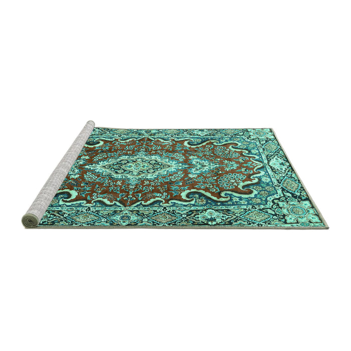 Sideview of Machine Washable Medallion Turquoise Traditional Area Rugs, wshtr1311turq