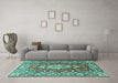 Machine Washable Medallion Turquoise Traditional Area Rugs in a Living Room,, wshtr1311turq