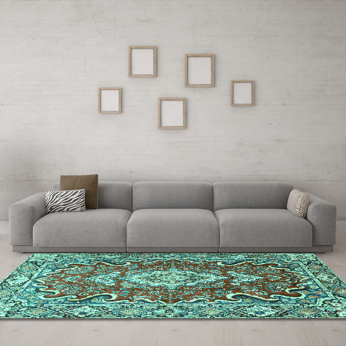 Machine Washable Medallion Turquoise Traditional Area Rugs in a Living Room,, wshtr1311turq