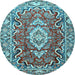 Round Machine Washable Medallion Light Blue Traditional Rug, wshtr1311lblu