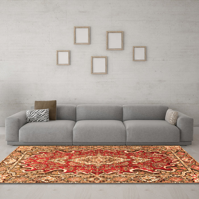 Machine Washable Medallion Orange Traditional Area Rugs in a Living Room, wshtr1311org