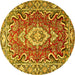 Round Machine Washable Medallion Yellow Traditional Rug, wshtr1311yw