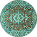 Round Machine Washable Medallion Turquoise Traditional Area Rugs, wshtr1311turq