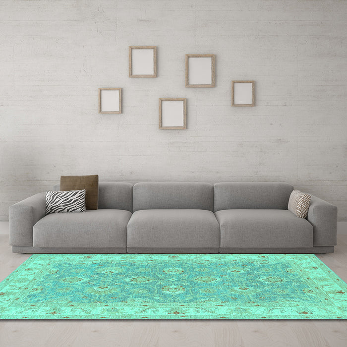 Machine Washable Persian Turquoise Traditional Area Rugs in a Living Room,, wshtr1315turq