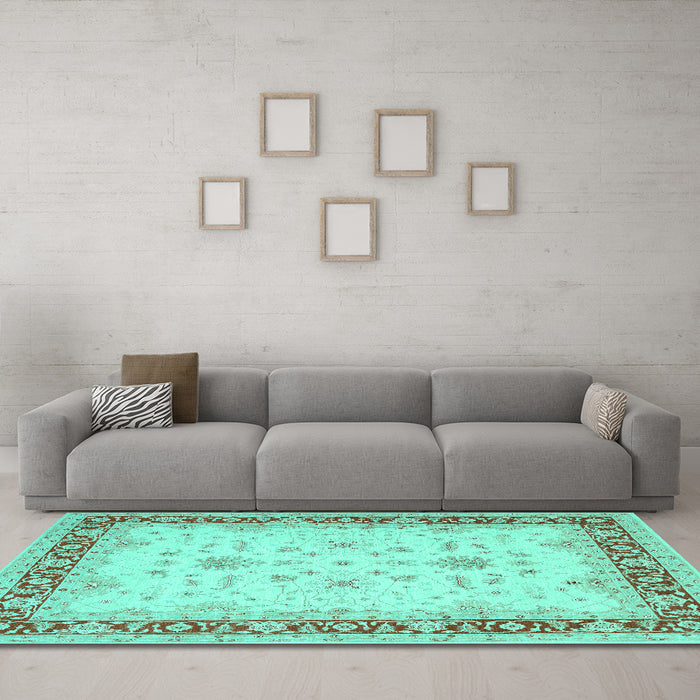 Machine Washable Oriental Turquoise Traditional Area Rugs in a Living Room,, wshtr1316turq