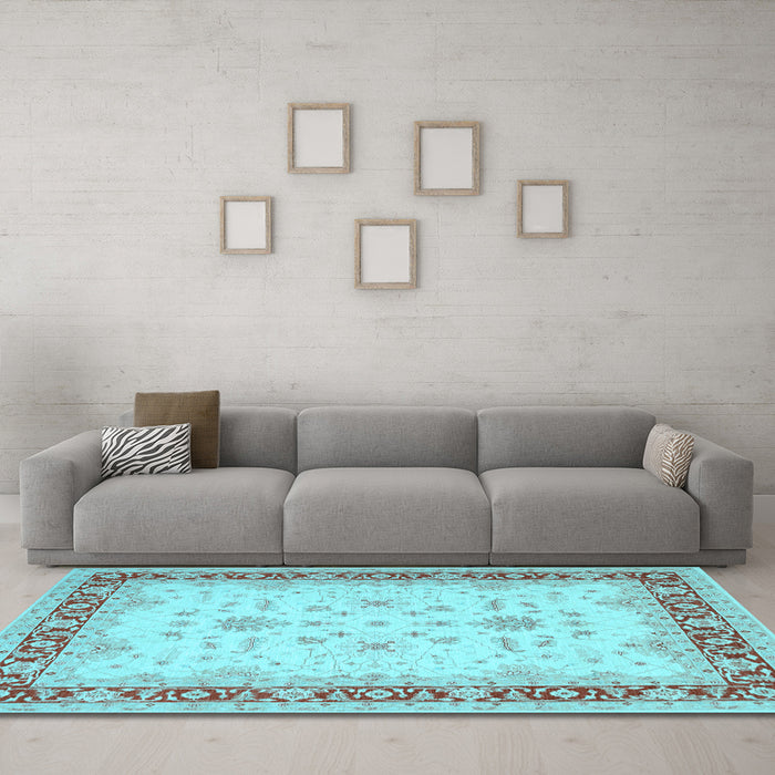 Machine Washable Oriental Light Blue Traditional Rug in a Living Room, wshtr1316lblu