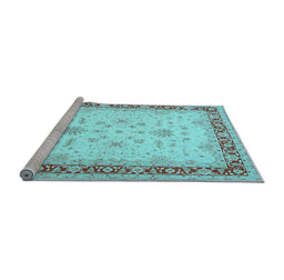 Sideview of Machine Washable Oriental Light Blue Traditional Rug, wshtr1316lblu