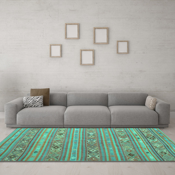 Machine Washable Southwestern Turquoise Country Area Rugs in a Living Room,, wshtr1317turq