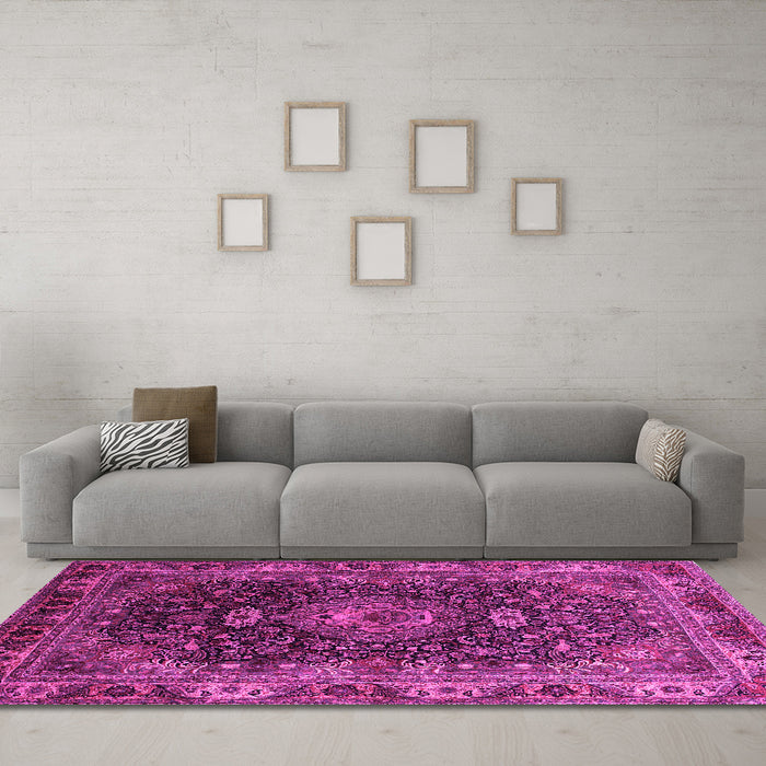 Machine Washable Medallion Pink Traditional Rug in a Living Room, wshtr131pnk