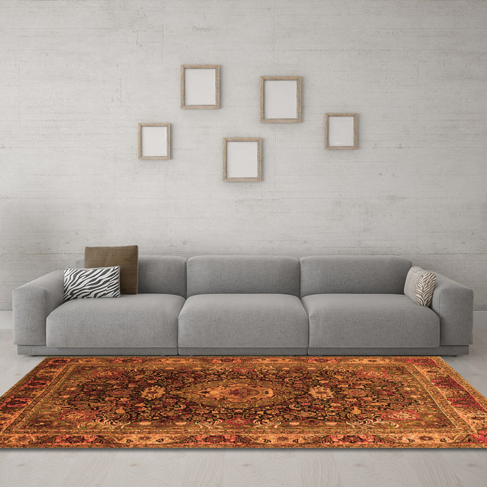 Machine Washable Medallion Orange Traditional Area Rugs in a Living Room, wshtr131org