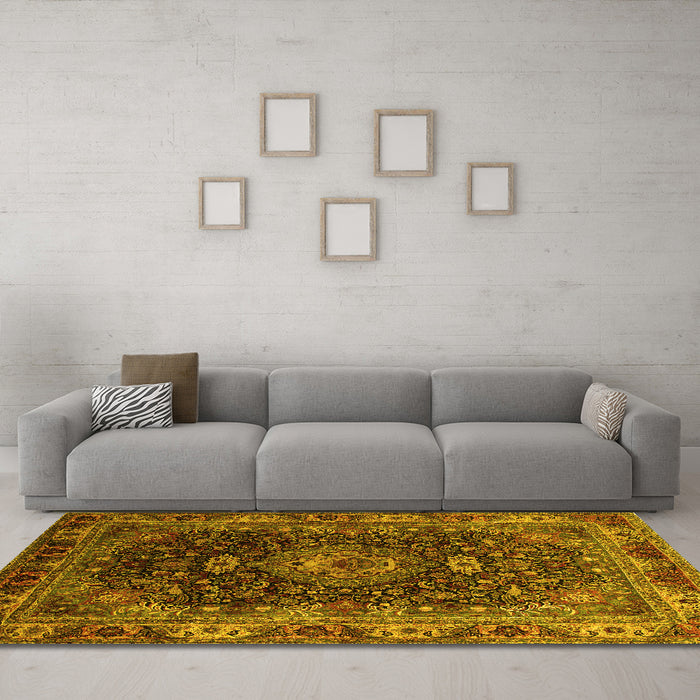 Machine Washable Medallion Yellow Traditional Rug in a Living Room, wshtr131yw