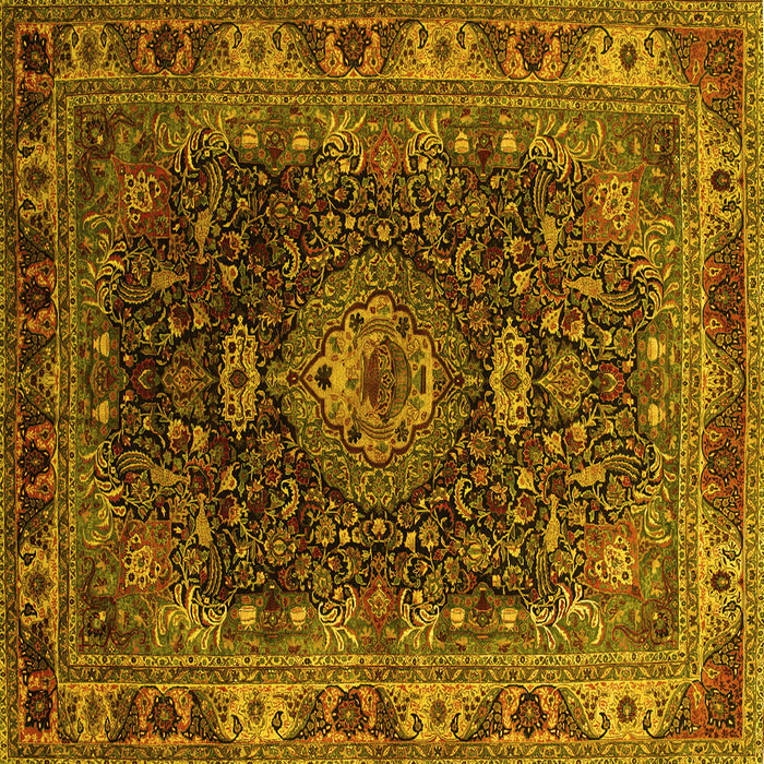 Square Machine Washable Medallion Yellow Traditional Rug, wshtr131yw