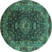 Round Machine Washable Medallion Turquoise Traditional Area Rugs, wshtr131turq