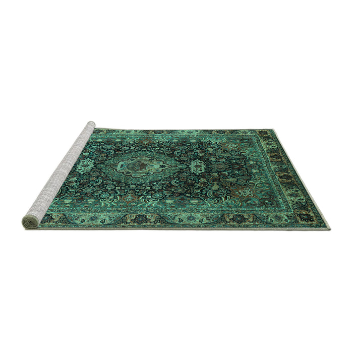 Sideview of Machine Washable Medallion Turquoise Traditional Area Rugs, wshtr131turq