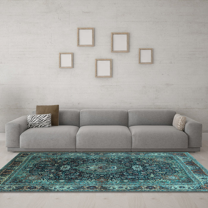 Machine Washable Medallion Light Blue Traditional Rug in a Living Room, wshtr131lblu