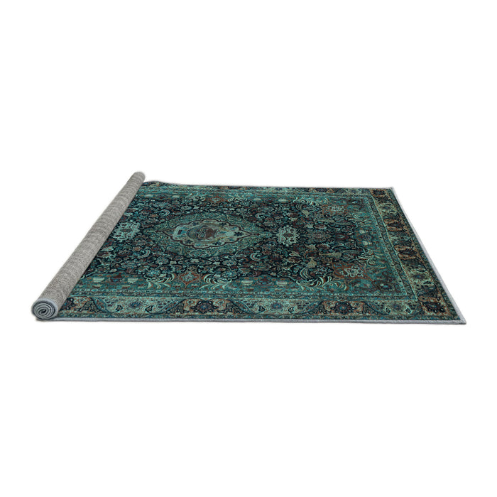 Sideview of Machine Washable Medallion Light Blue Traditional Rug, wshtr131lblu