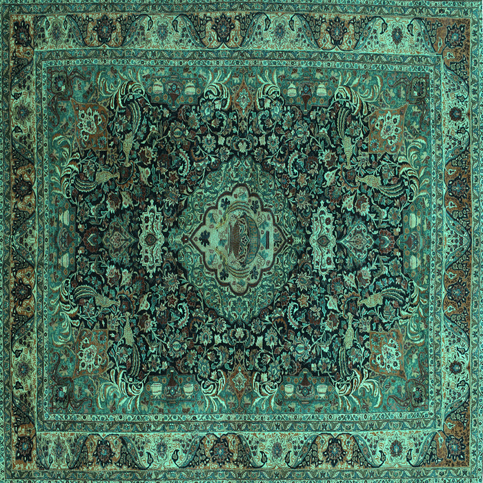 Square Machine Washable Medallion Turquoise Traditional Area Rugs, wshtr131turq