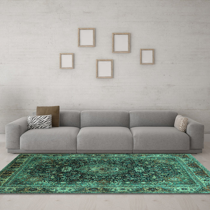 Machine Washable Medallion Turquoise Traditional Area Rugs in a Living Room,, wshtr131turq