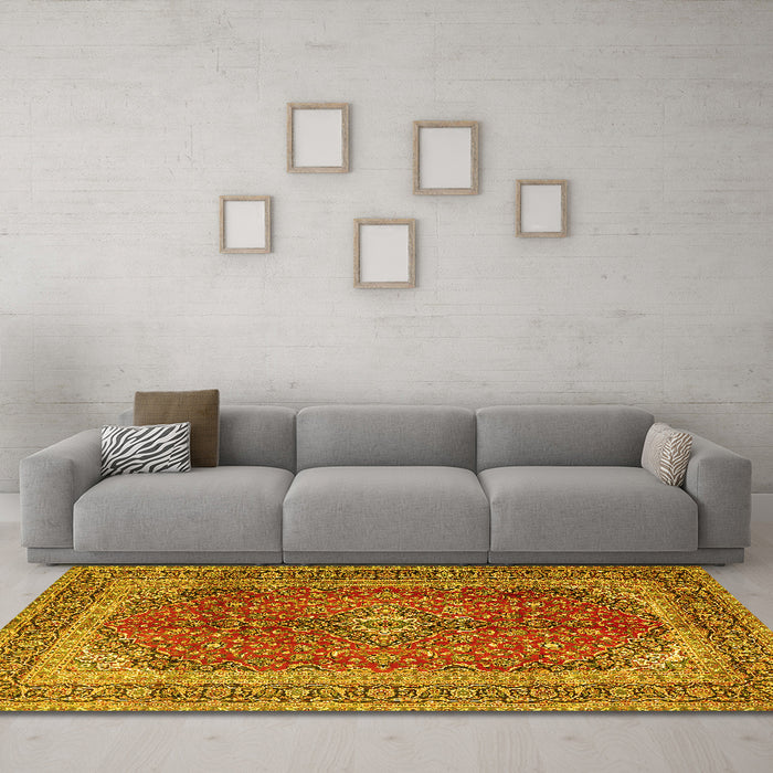 Machine Washable Medallion Yellow Traditional Rug in a Living Room, wshtr1320yw