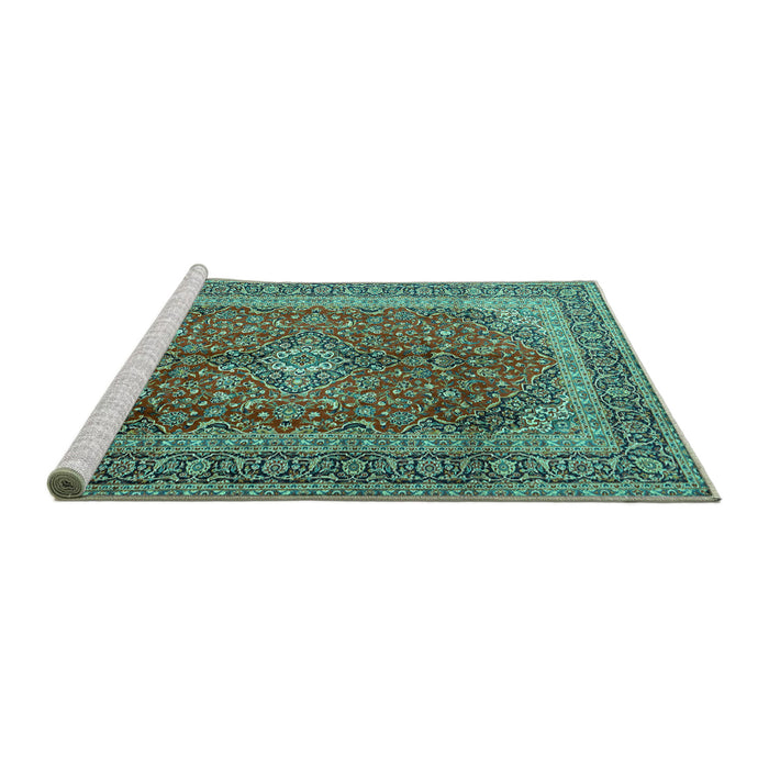 Sideview of Machine Washable Medallion Turquoise Traditional Area Rugs, wshtr1320turq