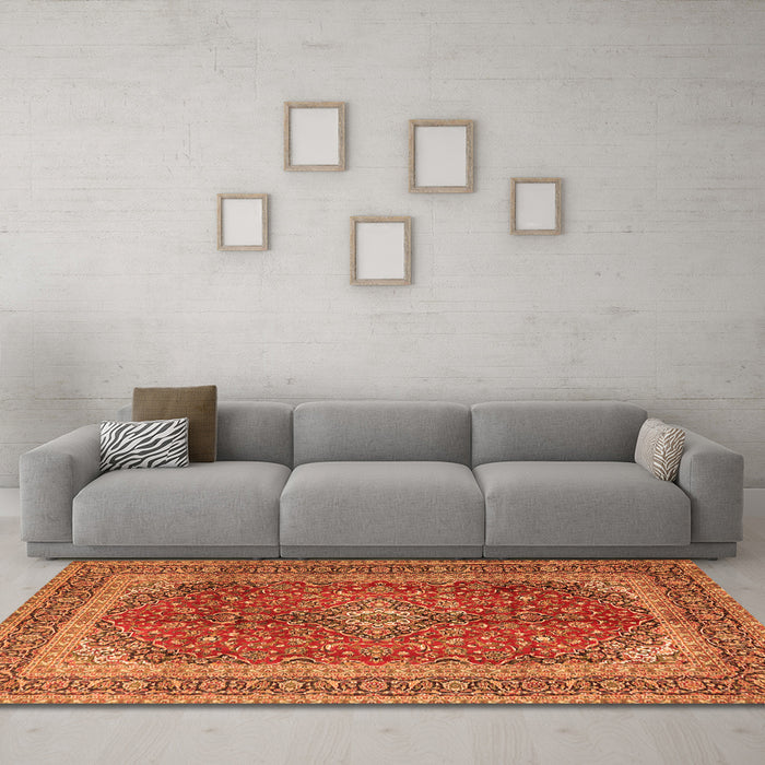 Machine Washable Medallion Orange Traditional Area Rugs in a Living Room, wshtr1320org