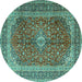 Round Machine Washable Medallion Turquoise Traditional Area Rugs, wshtr1320turq