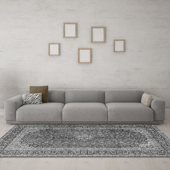Machine Washable Medallion Gray Traditional Rug in a Living Room,, wshtr1320gry