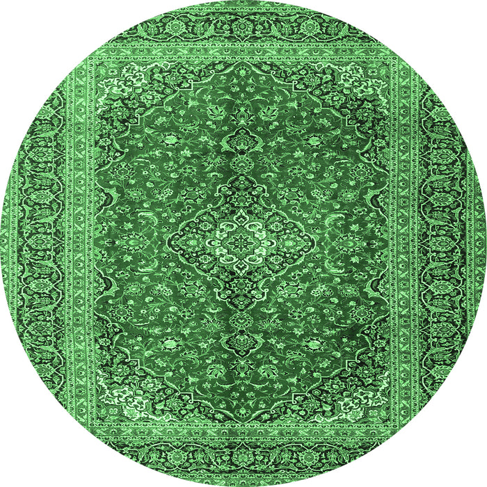 Round Machine Washable Medallion Emerald Green Traditional Area Rugs, wshtr1320emgrn