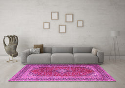 Machine Washable Medallion Pink Traditional Rug in a Living Room, wshtr1320pnk