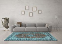Machine Washable Medallion Light Blue Traditional Rug in a Living Room, wshtr1320lblu