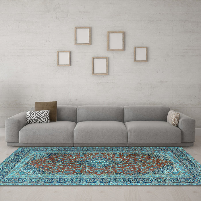 Machine Washable Medallion Light Blue Traditional Rug in a Living Room, wshtr1320lblu