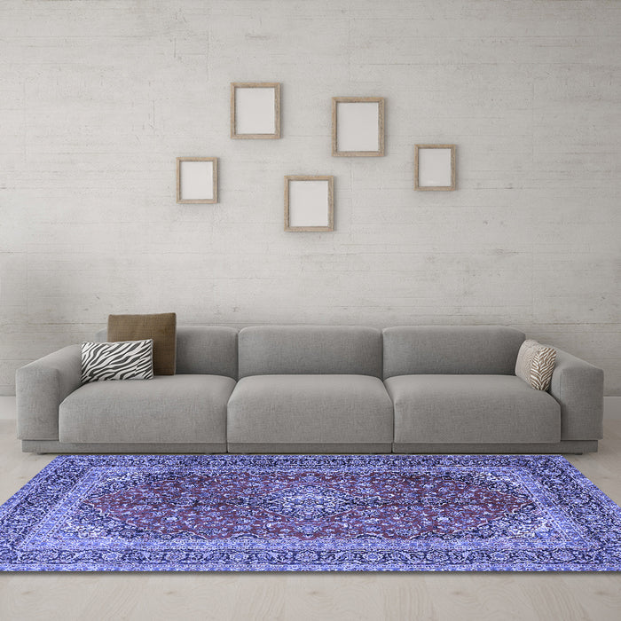 Machine Washable Medallion Blue Traditional Rug in a Living Room, wshtr1320blu