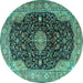 Round Machine Washable Medallion Turquoise Traditional Area Rugs, wshtr1321turq