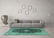 Machine Washable Medallion Turquoise Traditional Area Rugs in a Living Room,, wshtr1321turq