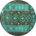 Round Machine Washable Southwestern Turquoise Country Area Rugs, wshtr1324turq