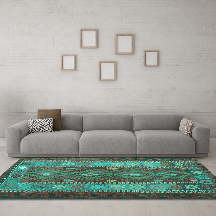 Machine Washable Southwestern Turquoise Country Area Rugs in a Living Room,, wshtr1324turq