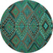 Round Machine Washable Southwestern Turquoise Country Area Rugs, wshtr1325turq