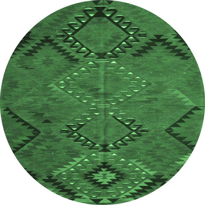 Round Machine Washable Southwestern Emerald Green Country Area Rugs, wshtr1325emgrn