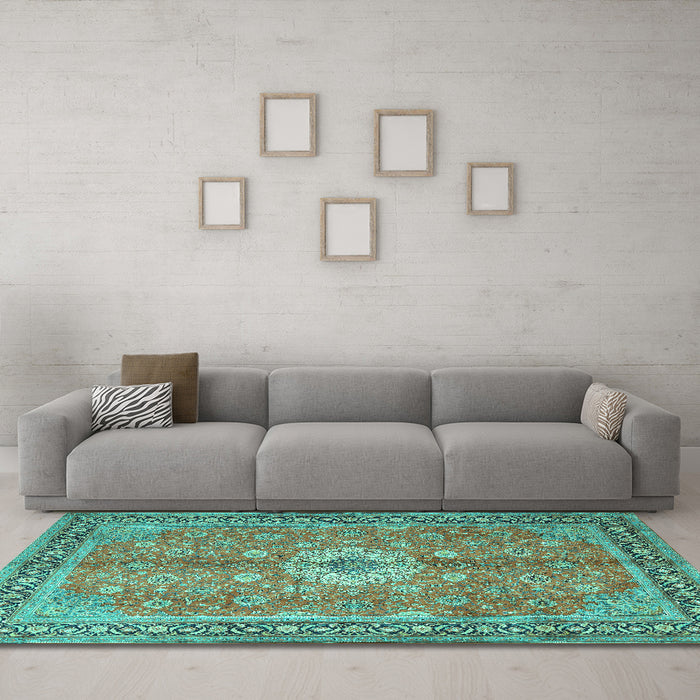 Machine Washable Persian Turquoise Traditional Area Rugs in a Living Room,, wshtr1326turq
